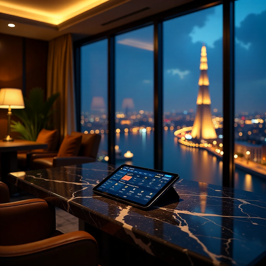 Interior of a premium luxury lounge in a Cairo skyscraper, panoramic window view of the Nile River and Cairo Tower at night, atmosphere of extreme wealth, a tablet on a marble table showing 888starz dashboard, warm ambient lighting, hyper-realistic.